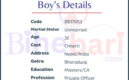 BB17053: भारतबस्दै आउनुभएको ३२ वर्षीय क्षेत्री CA केटालाई असल जीवनसाथी चाहियो ।